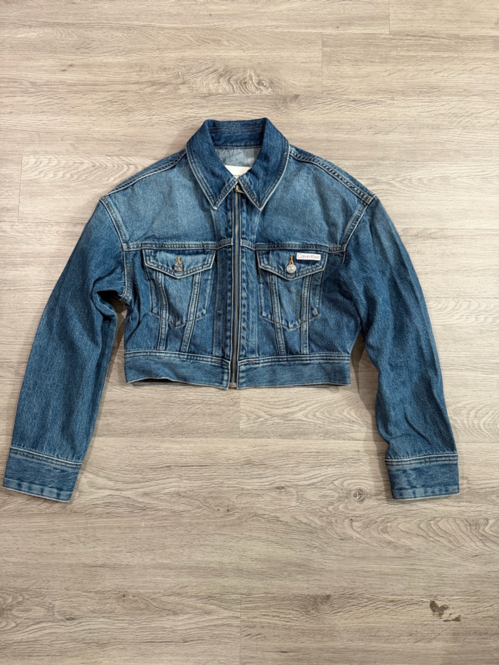 Calvin Klein Jeans Cropped Blue Denim Zip Jacket vintage